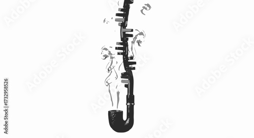Stylized tobacco pipe art with smoke and a unique, abstract design in black and white for