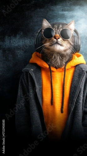 Chill cat in hoodie and sunglasses enjoys music in an urban setting