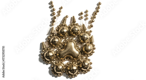 Unique golden paw design constructed from spherical metal elements on an isolated background