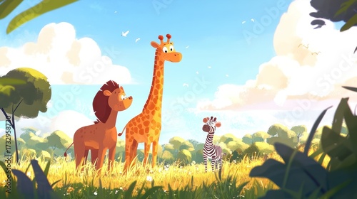 Cartoon illustration of a lion giraffe and zebra in a bright outdoor setting