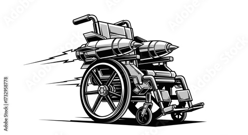 Wheelchair transformed into a high-speed rocket propelled mobility machine illustration