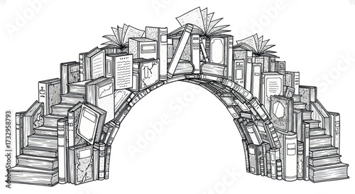 Whimsical book archway hand drawn illustration, a gateway to knowledge and literature