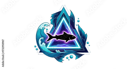 Abstract aquatic art with fish silhouette and triangle pattern showcasing vibrant color palette