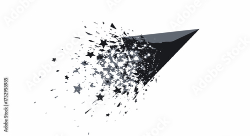 Abstract dark explosion with stars splattering and dissolving into scattered fragments