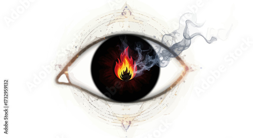 An otherworldly eye design with a burning flame at the center evokes enigmatic feelings