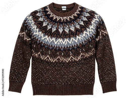 A brown sweater with a detailed, patterned neckline