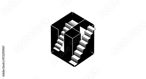 Architectural enigma presented in a monochrome isometric illusion illustration