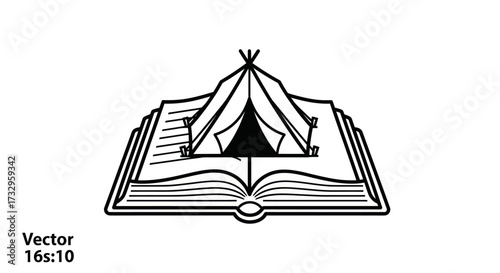 Camping stories: an open book revealing a pitched tent for outdoor adventures