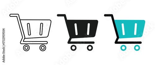 Shopping cart icons in outline solid and colored styles on white background trolley commerce