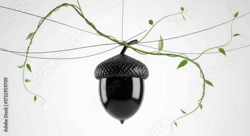 Dramatic glossy black acorn surrounded by tendrils and supported by thin wires display