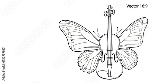 Elegant line art illustration featuring a violin with delicate butterfly wings attached