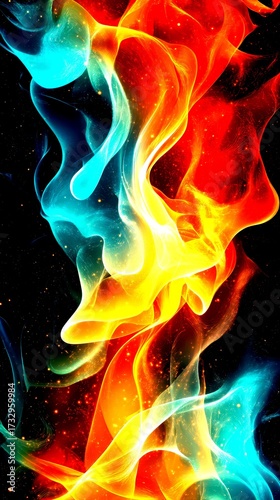 Colorful swirl of orange and blue light created by flowing abstract patterns in a dark background - High Contrast