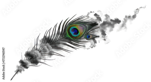 Ethereal peacock feather disintegrating into wisps of gray smoke with vibrant plumage