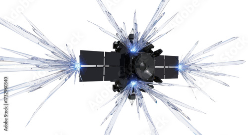 Futuristic satellite with crystal arrays explores the cosmos and deep space technology exploration