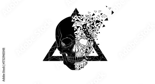 Geometric dissolution of a skull into triangular fragments against a triangle backdrop