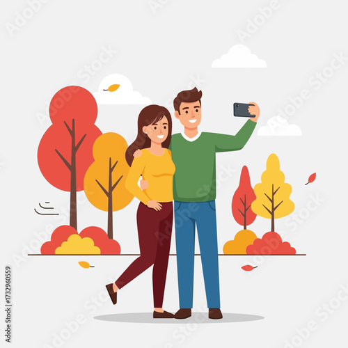 Young couple taking selfie. Travel, vacation, holidays and adventure vector concept illustration. Autumn mountain landscape background. Poster design style