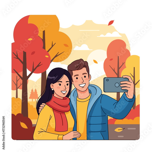 Young couple taking selfie. Travel, vacation, holidays and adventure vector concept illustration. Autumn mountain landscape background. Poster design style