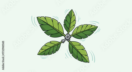 Illustration of a stylized leaf fan with five blades for sustainable cooling