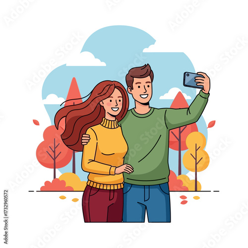 Young couple taking selfie. Travel, vacation, holidays and adventure vector concept illustration. Autumn mountain landscape background. Poster design style