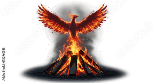 Illustrative phoenix ablaze on pyre against smokey backdrop represents resurrection