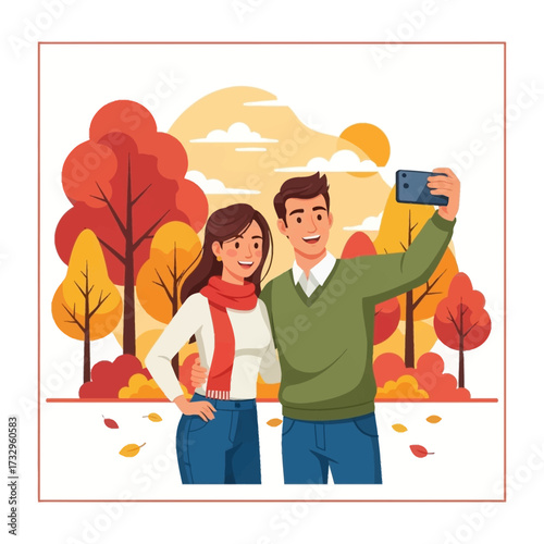 Young couple taking selfie. Travel, vacation, holidays and adventure vector concept illustration. Autumn mountain landscape background. Poster design style