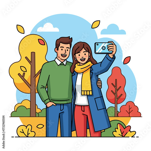 Young couple taking selfie. Travel, vacation, holidays and adventure vector concept illustration. Autumn mountain landscape background. Poster design style