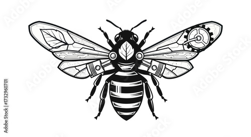 Intricate Steampunk Bee Illustration with Botanical and Mechanical Elements Fusion