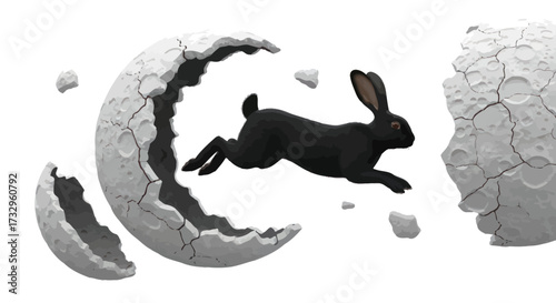 Lunar Leap: A black rabbit escapes a crumbling moon in a celestial journey