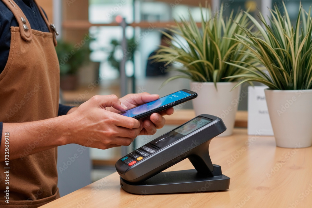 Fototapeta premium Man holding smartphone making contactless payment at point of sale terminal in modern indoor setting, standing at counter with plants in background