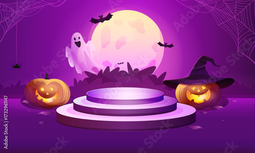 3D violet podium scene with cheerful pumpkins, a ghost, bats, and spider webs against a full moon. Halloween promotion or festive advertising template.