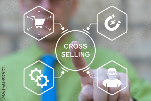 Cross-selling Business Strategy Concept. Business person using virtual touch screen presses the words CROSS SELLING. Сross sell marketing tactics.