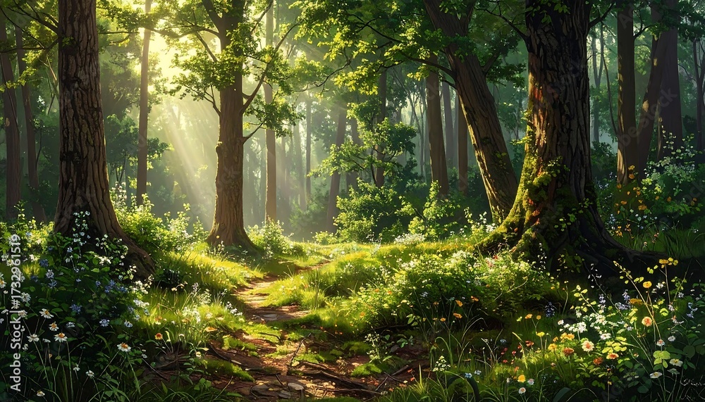 Obraz premium Sunlit path through a vibrant forest