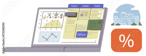 Laptop displaying analytics, charts, and a kanban board for task tracking. Nearby are a cityscape and a percentage icon. Ideal for productivity tools, workflow, planning, organization, teamwork data