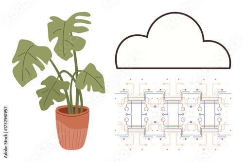 Green potted plant paired with a cloud hovering above a digital circuit board. Ideal for sustainability, technology, eco-innovation, digitalization, smart systems, balance, modern ecology. Simple