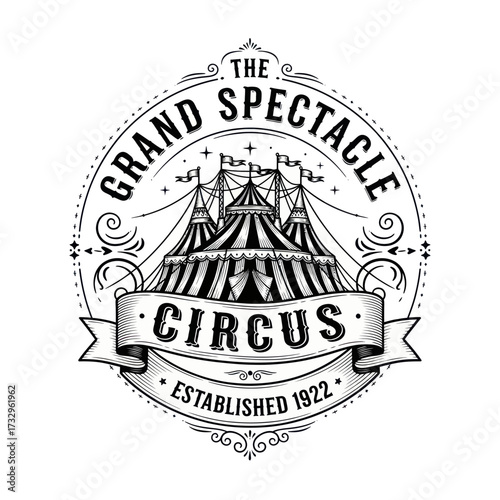 Vintage black and white circus logo with a grand spectacle tent and decorative banner, established 1922.