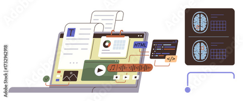Laptop displaying documents, code, audio tools, visuals, and video connected to brain imaging scans. Ideal for AI, programming, innovation neuroscience tech education creative thinking. Simple