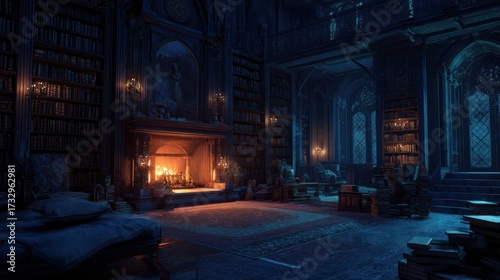 Interior library scene with fireplace and bookshelves in moody lighting