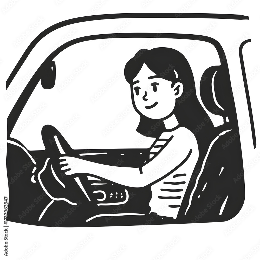 Fototapeta premium Smiling woman enjoying a peaceful drive in her car, embracing independence and the freedom of the open road for a spontaneous road trip