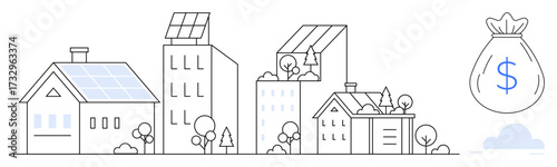 Residential and commercial buildings with solar panels, trees, and a money bag representing savings. Ideal for sustainability, renewable energy, eco-friendly living, green technology, energy savings