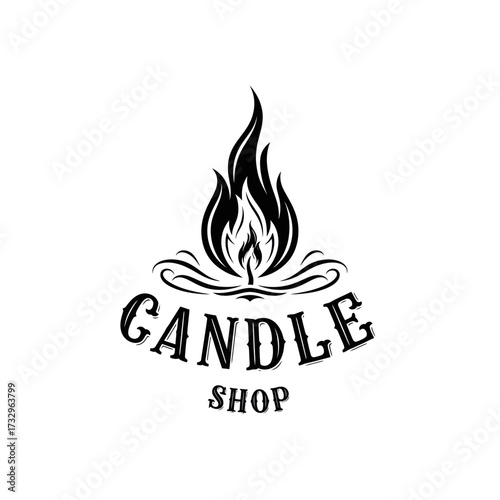 Black and white vintage candle shop logo with stylized flame and decorative text.