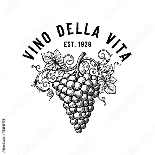 A classic black and white logo for 'Vino Della Vita', established in 1928, featuring a detailed illustration of a grape cluster on a vine.
