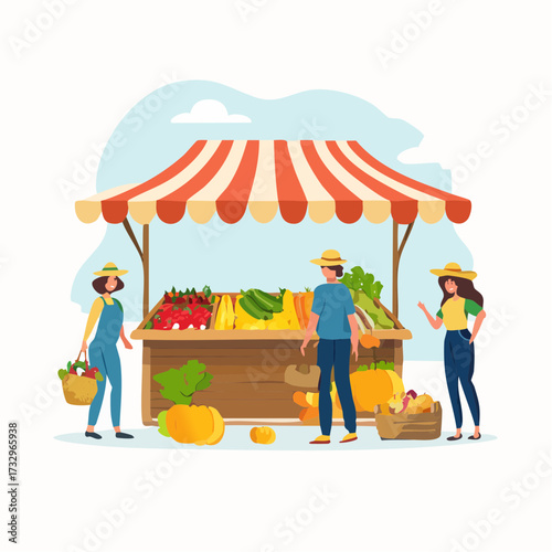 Customers browse fresh produce at a vibrant farmers market. Colorful fruits and vegetables are displayed under a striped awning. A lively, outdoor scene.