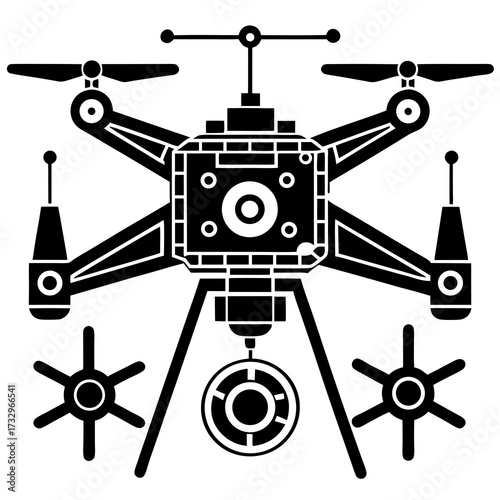 Drone Silhouette, Technical Schematic Diagram with Internal Components and Flight Mechanics