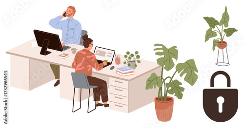 Two colleagues working on tasks at a shared desk with desktop and laptop, surrounded by potted plants. Lock icon represents security and privacy. Ideal for teamwork, productivity, remote work