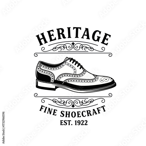 Vintage black and white logo for Heritage Fine Shoecraft, featuring a classic men's brogue shoe within an ornate decorative frame, established 1922.