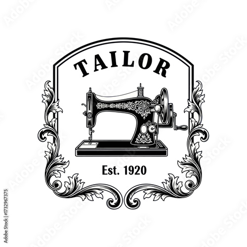 Vintage tailor logo with sewing machine and floral ornaments.