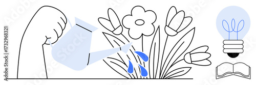 Hand pours water on blooming flowers, symbolizing nurturing. Lightbulb with plant shows growth and ideas book conveys learning. Ideal for growth, nurture, creativity, education, innovation
