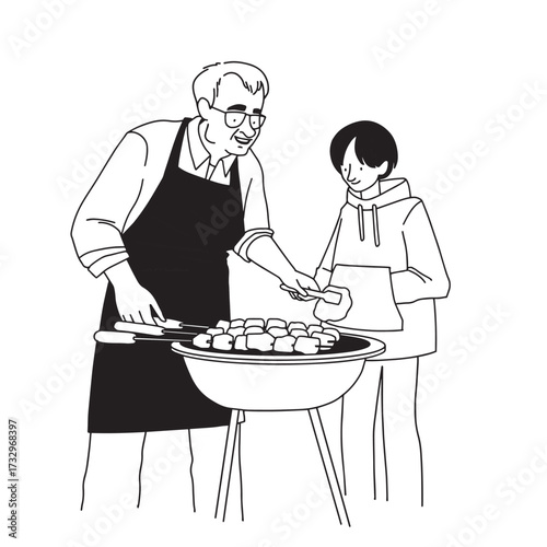 Grandfather with a grand son making family barbecue vector line minimalistic art. Vector illustration