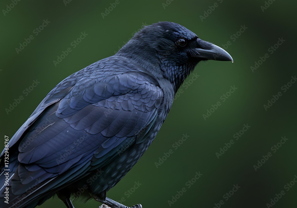 Fototapeta premium Close-up Portrait of a Black Raven Perched on a Branch. Generative Ai