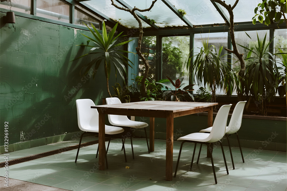 Fototapeta premium Empty, bright greenhouse dining space with a wooden table and white chairs surrounded by lush green plants and natural light.